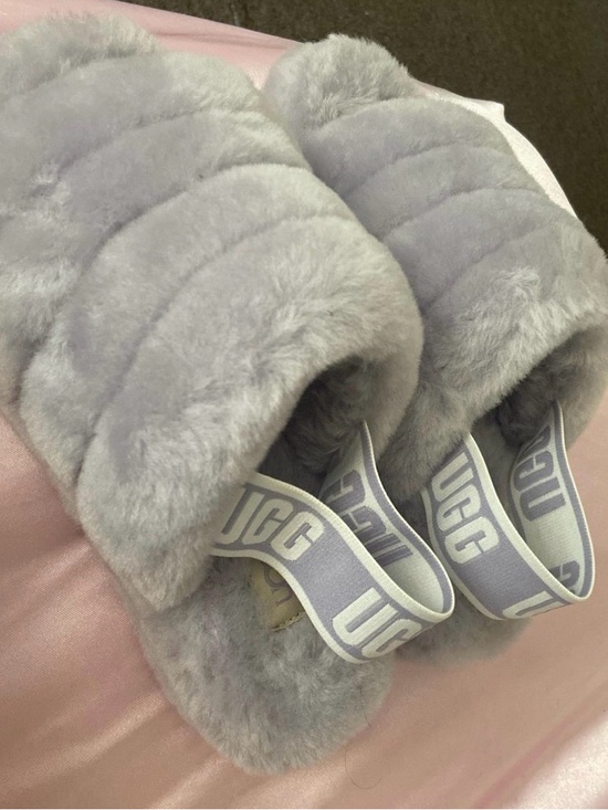 UGG Shoes - UGG White Fluff Slide Slippers with Branded Heel